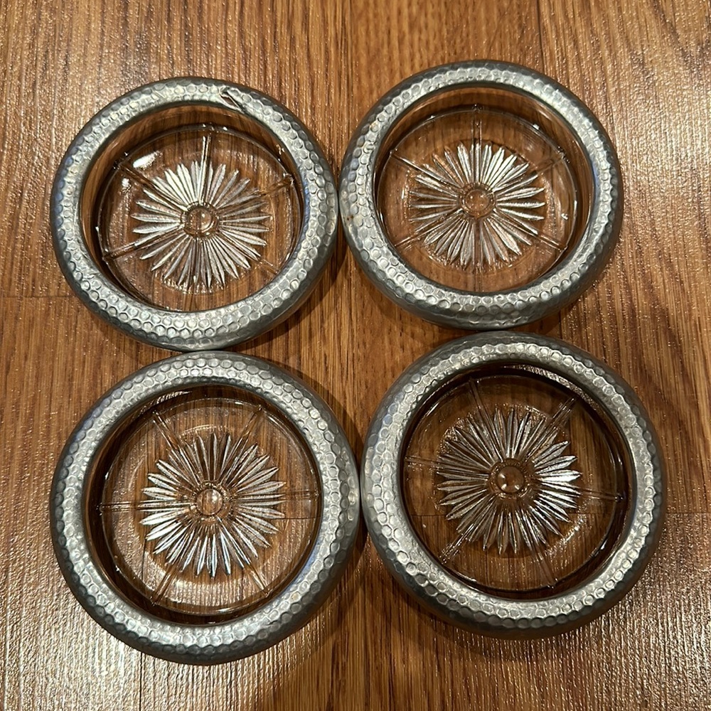 Set of 4 Mid-Century Modern Hammered Aluminum & Glass Coasters